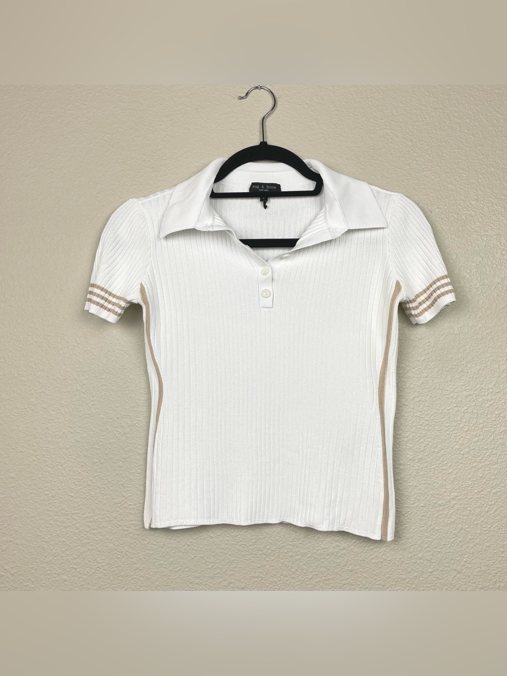 Rag & Bone Women's Small Peyton Rib Polo Top White Tan Trim Minimalist Fitted - Picture 2 of 15